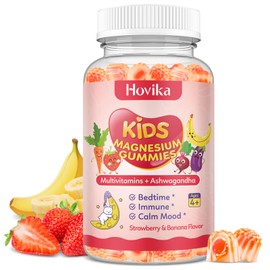 Kids Magnesium Gummies - Magnesium Glycinate Supplement Gummies with L-Theanine, Chamomile & Multivitamins for Sleep, Calm & Focus - Strawberry Banana Center-Filled Gummies 60 ct