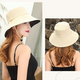 Foldable Beach Fishing Cap UPF UV Sun Protection Waterproof Breathable Wide Brim Bucket Sun Hat for Women (H01-beige)