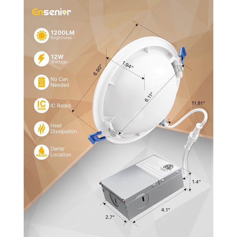 Ensenior 4 Pack 6 inch Gimbal Led Recessed Lighting, 90°
