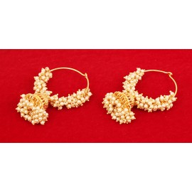 Touchstone Indian Bollywood traditional thin wire elegant and designer bali jhumki earrings with bunches of faux pearls for women in gold tone