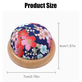 Wooden Base Blue Pin Cushion with Floral Print Needle Pincushion Japanese Style Round Sewing Needle Holder for Quilting Needlework DIY Crafts