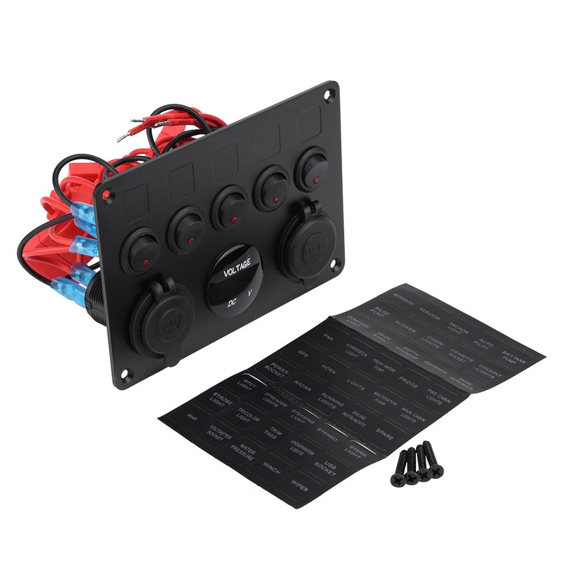 12-24V 5 Gang On/Off Toggle Switch Panel Dual USB Voltmeter