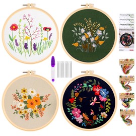 Embroidery Kit 4 Pieces Embroidery Set Beginners, Embroidery Set Adults, Stick Sets for Embroidery Beginners Embroidery Pictures Pre-Printed Cross Stitch with Floral Pattern for DIY Art, Crafts
