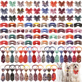 Reginary 100 Pieces Dog Bow Tie Collar Set Include 40 Dog Neckties, and 30 Puppy Bowties, 30 Collar Flowers, Adjustable Pet Ties Grooming for Small Medium Cats Pets Supply (Paisley)