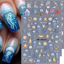 5D Embossed Ocean Nail Stickers Summer Nail Decals Shell Starfish Jellyfish Nail Sticker Nails Stickers Sea Animals Nail Art Stickers Beach Nail Stickers for Nail Art Supplies Ocean Stickers for Nails