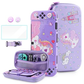 HYPERCASE Cute Carrying Case for Switch OLED, the Travel Case for Unicorn with Purple Protective Case, Screen Protector, Adjustable Shoulder Strap, Cat Scratch Thumb Caps, Great for Girls
