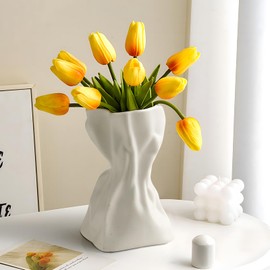 Paper Bag Vase, Unique Crinkle Grab Design Matte Ceramic Vase, Boho Flower Vase for Modern Home Decor, Wedding Dinner Table Party Office Decorative(White)