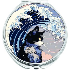 NewCharms Great Wave Kitty Cat Compact with Mirrors - Perfect Pocket and Purse Size Folding Mirror for Applying Make Up Anywhere