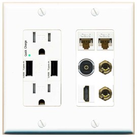 RiteAV 1 Speaker 2 Banana Binding Post Wall Plate 2 Cat6 1 x Toslink Optical and HDMI - USB Outlet [White]