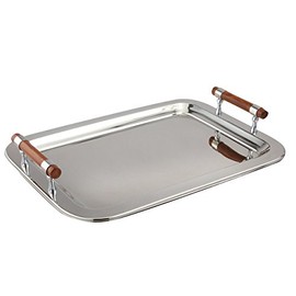 Elegance Stainless Steel Large Rectangular Tray with Wood Handles, 22 by 15.5-Inch, Silver
