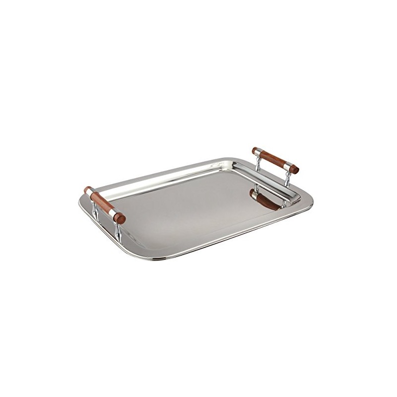Elegance Stainless Steel Large Rectangular Tray with Wood Handles, 22