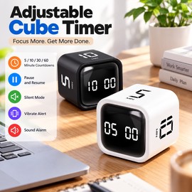 Cube Countdown Timer for Work & Study – 5/10/30/60 Min Presets with Sound, Vibrate & Silent Modes for Daily Focus