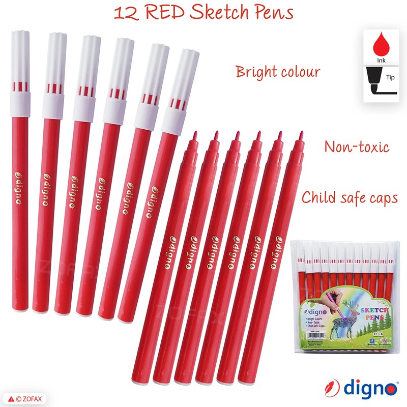 DIGNO SketchStic Felt Tip Pens, RED, Pack of 12, Fibre