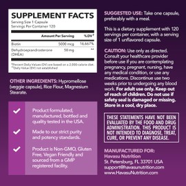 HAVASU NUTRITION DHEA Supplement for Women with Biotin 5000mcg - DHEA 50mg and Biotin Supplement for Hormone Balance and Hair, Skin, Nail Support - 120 Count - Vegan, Non-GMO, Gluten-Free - 4 Month Supply