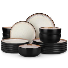 vancasso Plates and Bowls Sets, 18 Pieces Stoneware Dinnerware Sets for 6, Kitchen Dish Set Mircowave and Dishwasher Safe Dinner Set Ceramic Dishware, Light Cream, Series AMBER