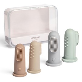 Moonkie - Cepillo de dientes para bebé, kit de limpieza oral para 3 meses +, 4 piezas, tamaño pequeño (arena/gris pardo)/grande (azul/menta)