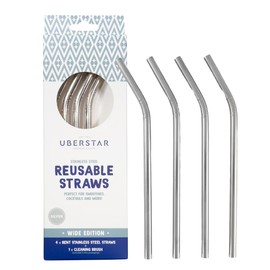 4 Pc Stainless Steel Drinking Straws Silver/Reusable Metal Straws with Cleaning Brush/Wide for Smoothies Milkshakes Thick Drinks