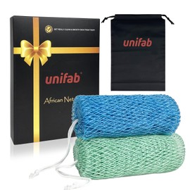 unifab Unifab - Esponja de red africana auténtica con nudos, 2 unidades, esponja exfoliante africana de sapo real, paño de lavado afro para baño y ducha (azul y verde)