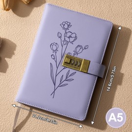 Lock Diary for Women Locking Diary for Girls Ages 8-12 Leather Locked Journal with Meatal Bookmark 260 Pages Refillable A5 Notebook forPersonal Secrets with Combination Passwords, 5.7"x8.3", Purple