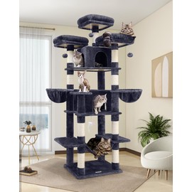 Globlazer Big Cat Tower for Indoor Cats, 80inch Cat Tower for Multiple Adult Cats XXL Cat Tree with Scratching Post, Hammock, 3 Perches, 2 Condos, 2 Hanging Basket, F80, Dark Grey
