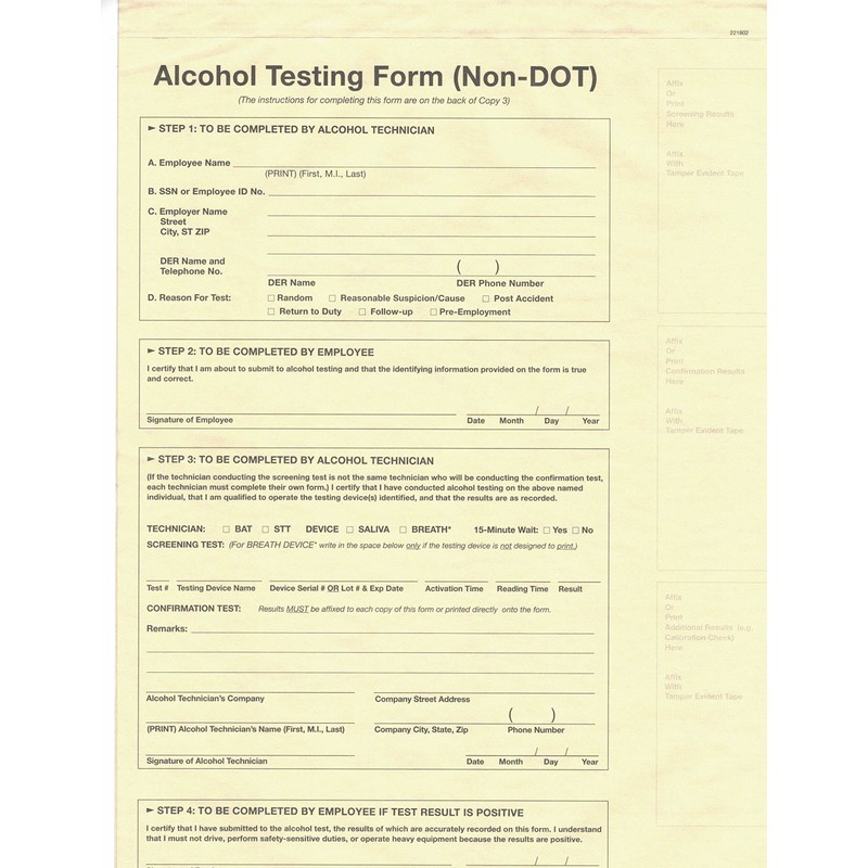Non-DOT 3-PLY Breath Alcohol Testing Forms Pack of 100MADE in