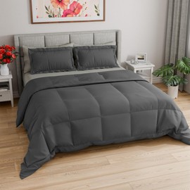 King Comforter Set - 3 Piece Bedding Set for All Seasons - 1 Soft Quilted Comforter w/ Corner Tabs & 2 Pillow Shams - Comfy, Cozy & Breathable - Luxury Hotel Quality - Oeko-TEX - King Size (Dark Grey)