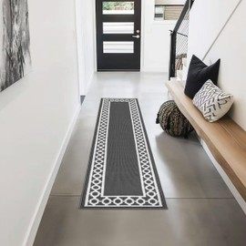 Creative Home Ideas – Tufted Runner - Christine Trellis Border Rug - Modern Home Décor - Washable Rug - Accent Carpet for Entryway & Hallway - Measures 26" x 96" - Dk Grey and White