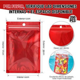 Bolsas para Dulces Bolsas Resellables 200Pzas：Bolsa para Gomitas Hermética, Bolsa Holográfica con Ventana Transparente, para Almacenamiento Alimentos Galleta Frutos Cosméticos Accesorios（Rojo 12x20cm）