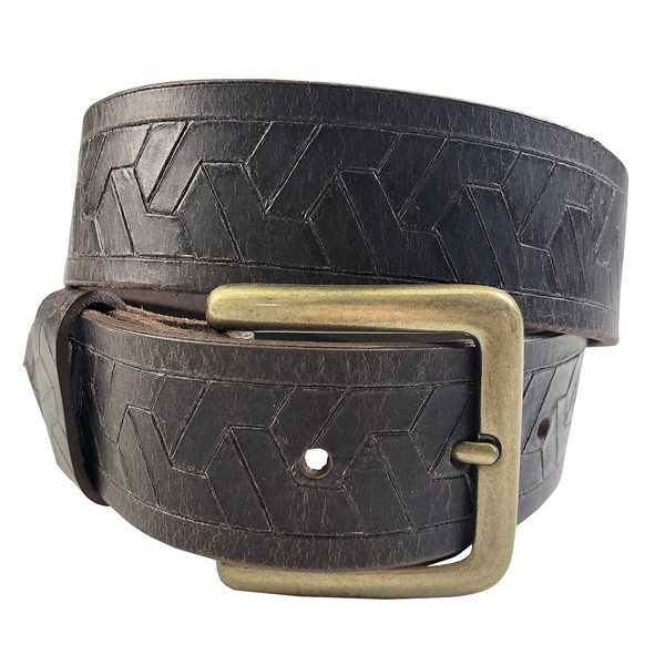 1.5"(38mm) Men's Embossed Geometric Weave Brown Buffalo Leather Belt Handmade