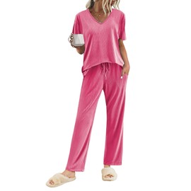 Ekouaer Pajama for Women Travel Outfits 2 Piece Sets V Neck Lounge Set Soft Pajama Set Pj Pants Set with Pockets Knit Loungewear Hot Pink XL