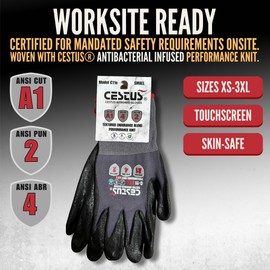 Cestus C11e, ANSI A1 Cut-Resistant Work Gloves, Textured Nitrile Coated, Touchscreen, Performance Knit, 12/120 Bulk Pairs (12 Pairs, X-Small)