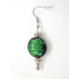 Handmade earrings in flat green lampwork glass beads and silver-plated brass, vintage style, French craftsmanship