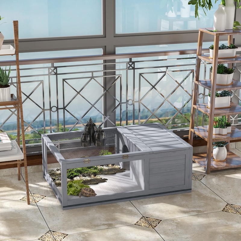 PawHut Wooden Tortoise House Indoor Turtle Habitat Enclosure Outdoor Reptile