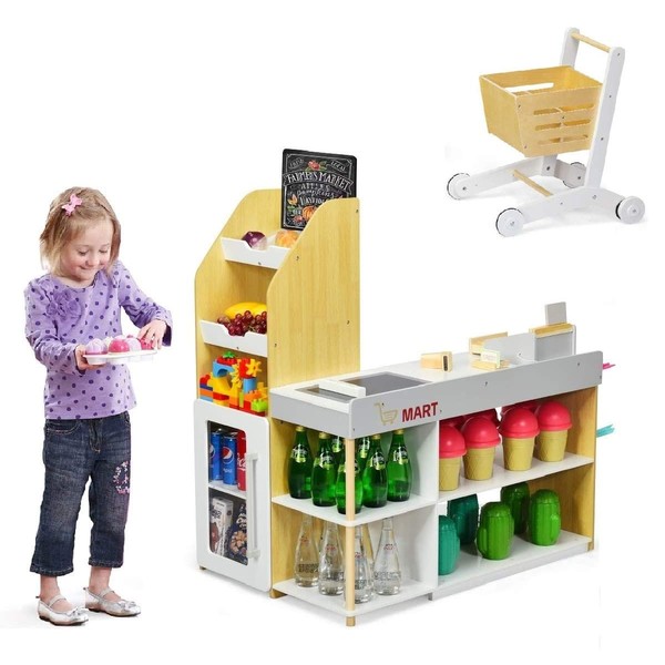 Costzon Pretend Grocery Store Playset, Supermarket Play Toy with Shopping Cart, Scanner, Register, Credit Card, 5 Wooden Coins, Cashier Pretend Play for Kids Toddlers (Play Food Set are not Included)