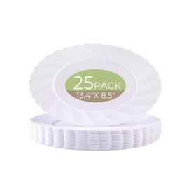 U-QE 25 Count Oval White Plastic Plates for Party - 13.4inch Large Plates Heavy Duty - Oval Plastic Plates Disposable - Large Fancy Plastic Plates for Thanksgiving and Party, BBQ, Picnic
