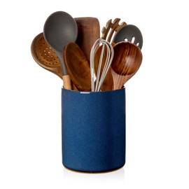 Nucookery Utensil Holder, 6.4" Ceramic Kitchen Utensil Holder for Countertop with Protection Cork Bottom, Vintage Farmhouse Kitchen Decor for Counter, Christmas Gift (Royal blue)