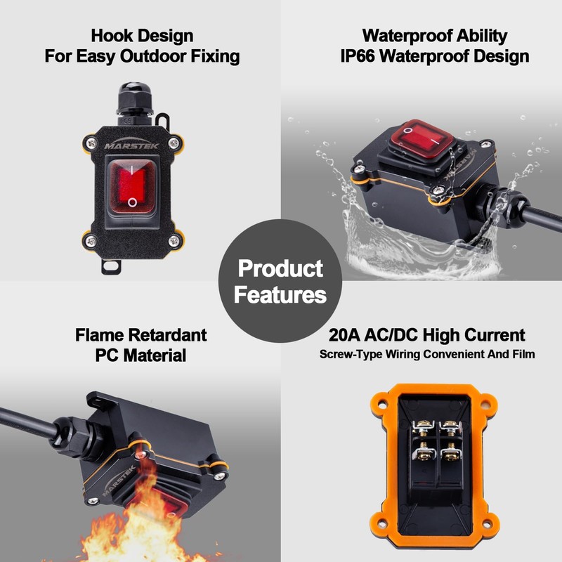 Inline Cord Switch with 10FT Cable Piggyback Plug(3-Pronged), IP67 Waterproof