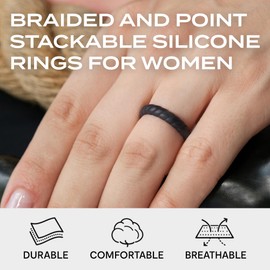 ROQ Silicone Rubber Wedding Ring for Women, Thin Braided Point Stackable Rubber Silicone Wedding Band, Bridal Jewelry Set, 2.55mm Wide 2mm Thick, 8 Pack, Black, White, Bordeaux, Dark Blue, Size 6