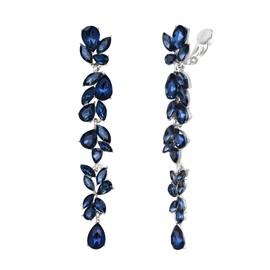 EVER FAITH Rhinestone Crystal Chandelier Clip-on Earrings for Women, Art Deco Marquise Teardrop Bridal Long Dangle Drop Earrings for Prom Sapphire Blue Silver-Tone