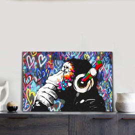 Graffiti Home Decor Graffiti Canvas Wall Art Thinking Monkey Picture Graffiti Artwork Framed Colorful Graffiti Canvas Prints Street Graffiti Picture for Living Room Ready to Hang - 11.5x15 inch