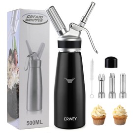 ERWEY Cream Dispenser 500 ml, Cream Syphon Aluminium, Cream Sprayer Leak-Proof Easy to Clean with 3 Nozzles and 1 Cleaning Brush, Whipped Cream Dispenser for Kitchen Party Desserts