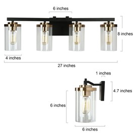Durent Lighting Modern Bathroom Light Fixtures, 4 Light Bathroom Vanity Lights Over Mirror, Gold and Black Vanity Lighting with Clear Glass Shades