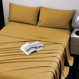 Viviland Cooling Full Sheets, Bamboo Viscose with Elastic Corner Straps, Gold Cold Siky Sheet & Pillowcase Sets for Hot Sleepers
