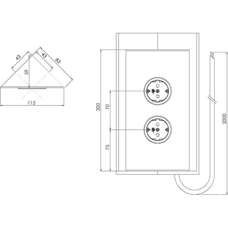 Caressi Corner Socket 2ST220 – Socket 2-Way for Vertical Mounting