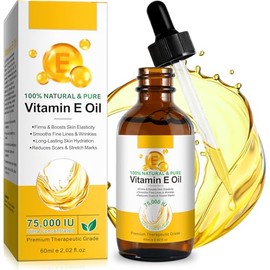 Organic Vitamin E Oil for Cosmetics - 75,000 IU Ultra Concentrated | 100% Natural & Pure Vitamin E Oil | Long-Lasting Skin Hydration & Reduces Scars & Stretch Marks | Vitamin E Oil Hexane-Free, Non-GMO, 2 fl oz