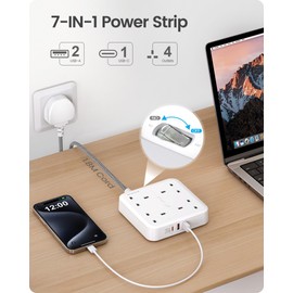 LENCENT Extension Lead with 4 Way Outlets, 3250W 13A Power Strip, PD 20W USB-C and 2 USB-A QC 3.0, 1.8M Braided Extension Cord, Multi Power Plug Extension for Home and Office, White