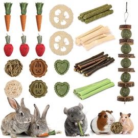 Kagoty 40 PCS Bunny Chew Toys Natural Variety Set for Rabbits Guinea Pigs Chinchillas Hamsters with Apple Wood Sticks Papaya Stems Carrot Strawberry Treats Grass Balls No Dye Teeth Care