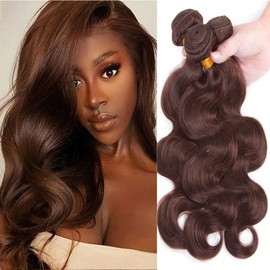 Dark Brown Body Wave Bundles Human Hair Color 4 Light Brown Bundles Double Weft Brazilian Remy Hair Extensions Wet and Wavy Bundles Silky and Soft for Black Women (18 20 22 Inch 3 Bundles)