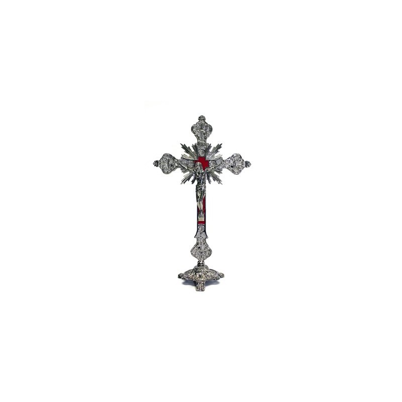 Jesus Christ on Cross Silver Tone Standing Crucifix with Base,