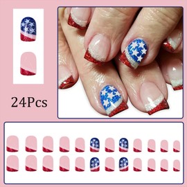 24Pcs Independence Day French Tip Press on Nails Short Square Fake Nails with Blue and Red Glitter Designs Glue on Nails False Nails Stripe French 4th of July Nails for Women Acrylic Nails Decoration